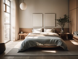 An image of a modern, minimalist bedroom with a neutral color palette, featuring a comfortable bed with soft linens, a stylish nightstand, and an elegant floor lamp. The room is bathed in soft, natura