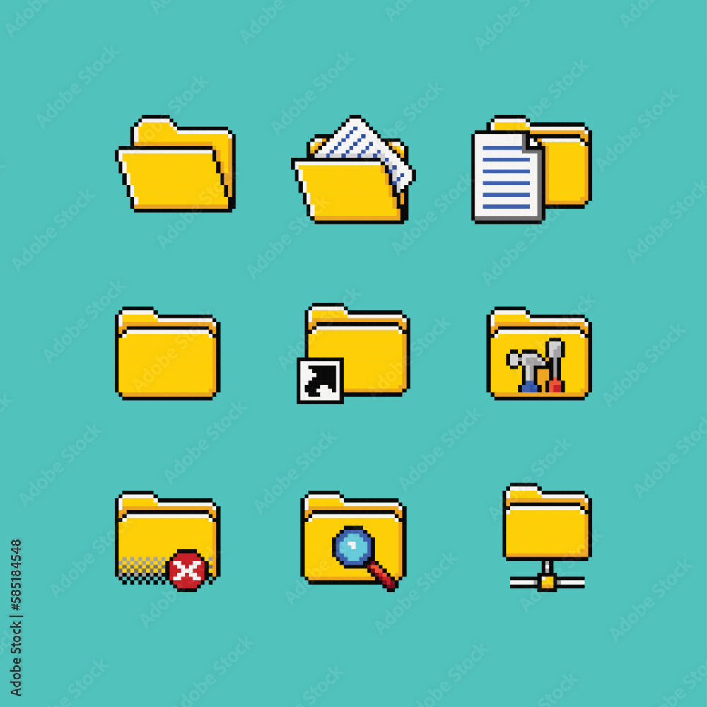 Fototapete vector pixel art retro computer pc user interface icon set. directory filesystem folder, document, t
