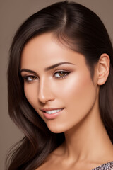 Fototapeta premium Beautiful woman studio portrait, girl looks directly into the camera , Generative AI