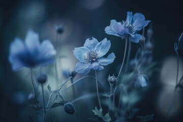 Fototapeta na wymiar a group of blue flowers sitting on top of a lush green field of flowers on a cloudy day in the dark blue light of the night. generative ai