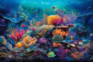 Naklejka na ściany i meble Vibrant Coral Reef Ecosystem Exploration with Generative AI