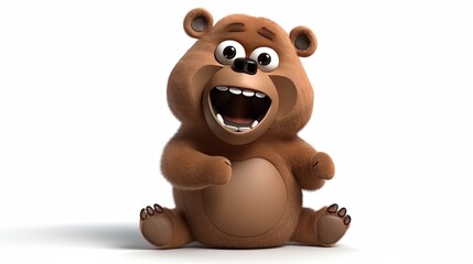 Cute realistic happy and cute bear smiling, funny cartoon character on the white background - Generative AI