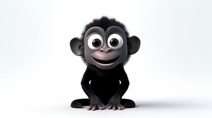 Cute realistic happy and cute black monkey smiling, funny cartoon character on the white background - Generative AI