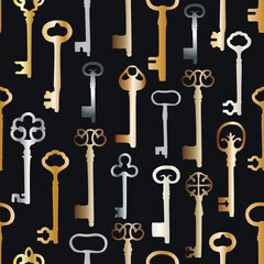 Vintage seamless pattern with different antique keys in gold and silver metal on black background.