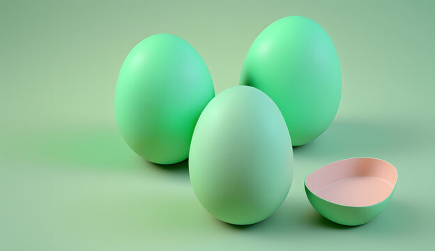 Cute realistic pastel green colored paint as eggs with background. Generative AI.