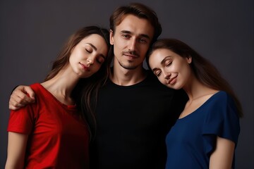 Polyamorous people, Smiling bisexual women posing living in a Polyamorous relationship with a man posing on gray background. Generative AI
