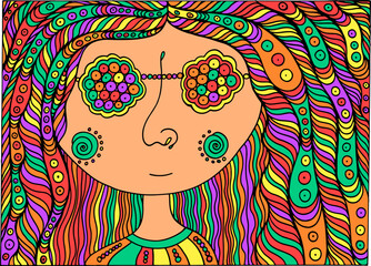 Hiipie girl in the sunglasses - coloring page for adults. Hippie retro art. Trippy outline illustration