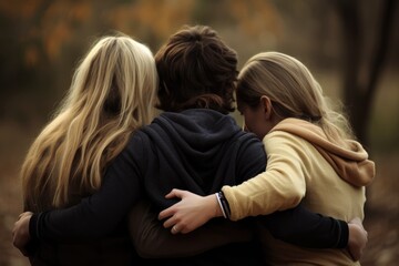 Fototapeta premium Polyamorous people, Smiling bisexual women walking with their boyfriend living in a Polyamorous relationship at a park. Generative AI