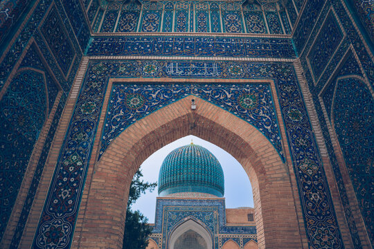 Colorful facade at Amir Temur Mausoleum Gur-e Amir Complex, Samarqand, Samarkand Uzbekistan, Central Asia 
