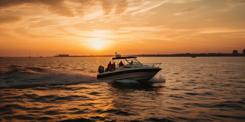 Motorboat yacht sunset on sea bay - obrazy, fototapety, plakaty