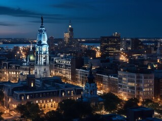 Naklejka premium A panoramic cityscape during twilight, showcasing the illuminated skyline, with a mix of historic and modern architecture. The scene captures the urban atmosphere and vibrant energy of the city.