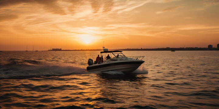 Motorboat yacht sunset on sea bay