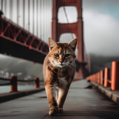 Cat walking across a bridge