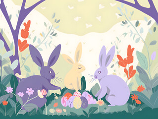 Fototapeta na wymiar Colorful Easter Magic, Whimsical Illustration Featuring Playful Bunnies, Vibrant Easter Eggs, Perfect for Celebrating the Joy, Excitement of the Season