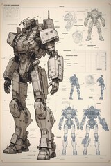 Futuristic mechanical soldier sketch, drawing, blueprint, concept art for game, movie assets. Generative ai