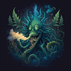 Fototapeta na wymiar Lovecraftian marijuana monster, with herbal leaves. Funny illustration of cannabis dream. Generative AI