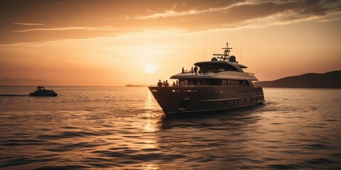 Fototapeta na wymiar Exclusive motorboat yacht sunset on sea
