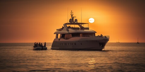 Fototapeta premium Motorboat yacht sunset on sea