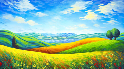 A colourful landscape with clouds, flowers, hills. Painting effect AI generated illustration.