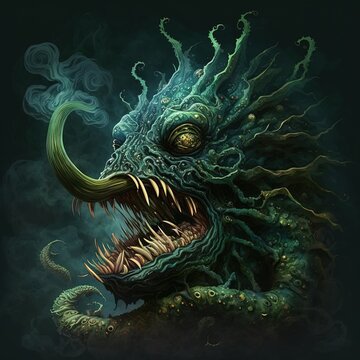 Lovecraftian marijuana monster, with herbal leaves. Funny illustration of cannabis dream. Generative AI
