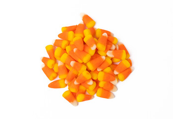 Caramel corn candy isolated on white background. Concept Halloween. Traditionally distributed as a Halloween treat. Sweets. Sweet treat.