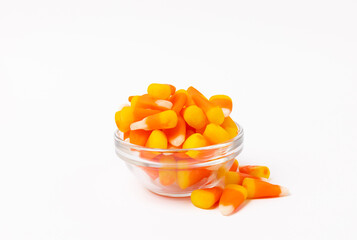 Caramel corn candy isolated on white background. Concept Halloween. Traditionally distributed as a Halloween treat. Sweets. Sweet treat.