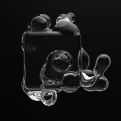3d rendering. Abstract liquid glass cube with spheres. Minimalistic 3d illustration.