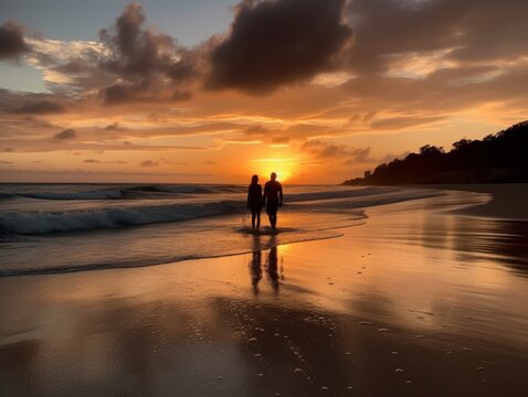 A couple enjoying a romantic sunset on a tropical beach, with their feet in the water and holding hands. The image conveys love, connection, and the beauty of shared experiences.