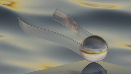 3d rendering. A transparent fabric flutters in the wind and a glass ball against the background of sea waves. A relaxing composition for yoga and meditation