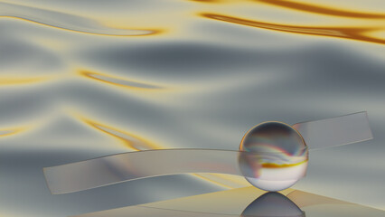 3d rendering. A transparent fabric flutters in the wind and a glass ball against the background of sea waves. A relaxing composition for yoga and meditation