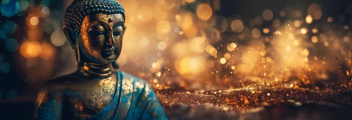 Zelfklevend Fotobehang Buddha statue with golden bokeh background. Generative AI © Marc Andreu