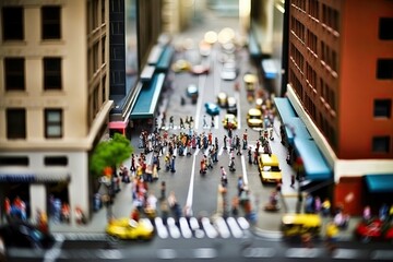 Obraz premium City life with living building facades and people walking at street, aerial view. Urban infrastructure. Model of city street in miniature, tilt shift. Created with Generative AI