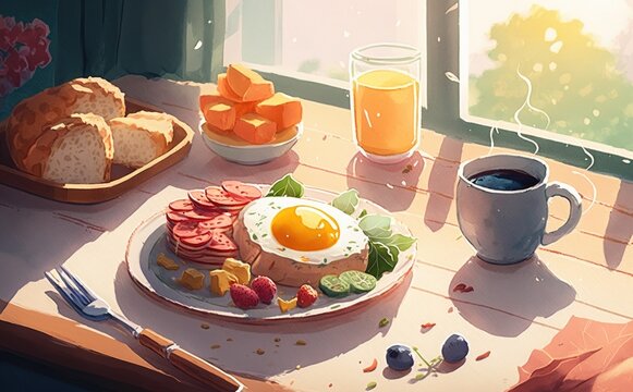 Drawn fresh healthy breakfast watercolor breakfast food illustrations Generative AI