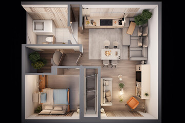 Apartment visualization, design project. Architectural plan for renovation. Living room interior, top view. Created with Generative AI