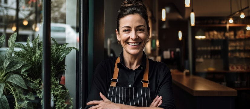Inviting Cafe Owner Welcoming Customers at the Entrance. Small business concept. Generative AI