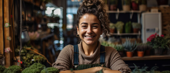 Obraz premium Small Business, Big Passion: Lush Greenery and Genuine Smiles in a Local Plant Shop. Small business owner smiling in her plant shop, surrounded by unique decor. Generative AI