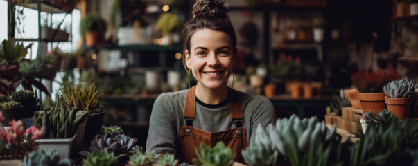 Small Business, Big Passion: Lush Greenery and Genuine Smiles in a Local Plant Shop. Small business owner smiling in her plant shop, surrounded by unique decor. Generative AI