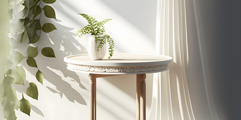 White wooden round side table with tropical plant, blowing white curtain in beautiful sunlight, leaf shadow on white wall. 