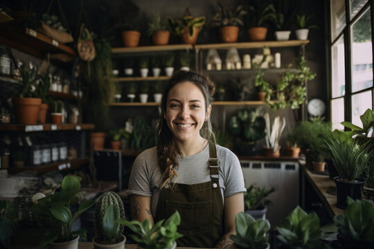 Small Business, Big Passion: Lush Greenery and Genuine Smiles in a Local Plant Shop. Small business owner smiling in her plant shop, surrounded by unique decor. Generative AI