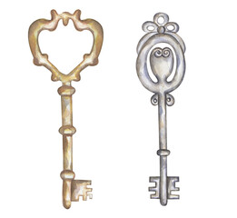 Watercolor retro style key illustration. vintage key  clipart