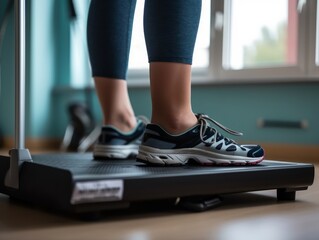 A person wearing fitness attire and running shoes, standing on a set of weighing scales. The focus...