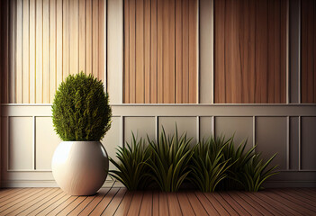 stock image of a room with a blank wall, wood floor, plants in the room, colorful, happy, detailed, happy image, generative ai