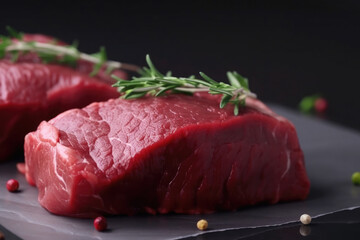 Close up of Raw meat steak with herbs and spices on black background. Ai generative