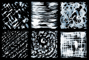Textures with lattices, stripes, swirls, spirals. Set of abstract watercolor monochrome textures on a black background. Illustration.