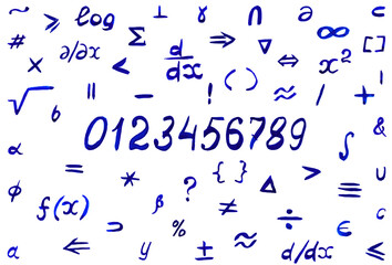 Mathematical symbols, signs, numbers and formulas are written with a blue felt-tip pen on a white background.