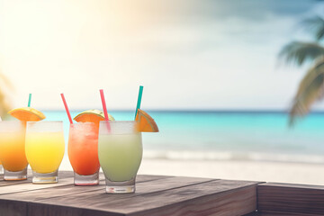 Summer fruit cocktails on the background of the beach in blur. Generative AI