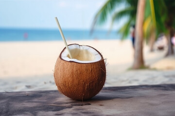Tropical cocktail in coconut, beach background in blur. Generative AI