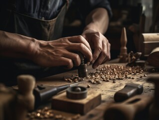 A close-up of a person's hands working on a DIY woodworking project, using a variety of tools such as a hammer, saw, and chisel. The focus is on the craftsmanship and attention to detail.