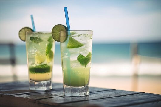 Two cooling mojitos on the table, beach background. Generative AI