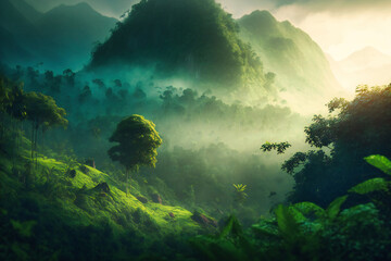 A serene landscape of misty mountains at dawn in God's Own Country, Kerala, perfect for travel enthusiasts